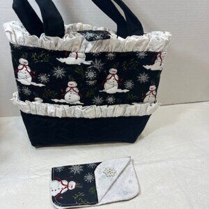 Handmade Winter Fabric Button Closure Cotton Tote Handbag w/Eyeglass Case NEW